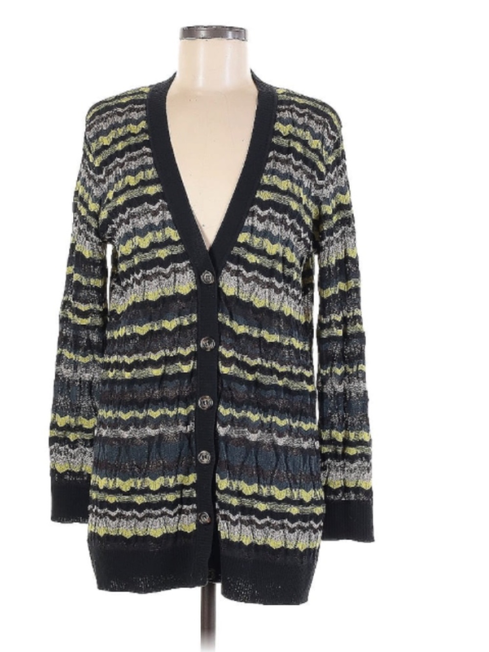 M Missoni Button-Front Cardigan | Size 8 | Black Chartreuse Zigzag Knit